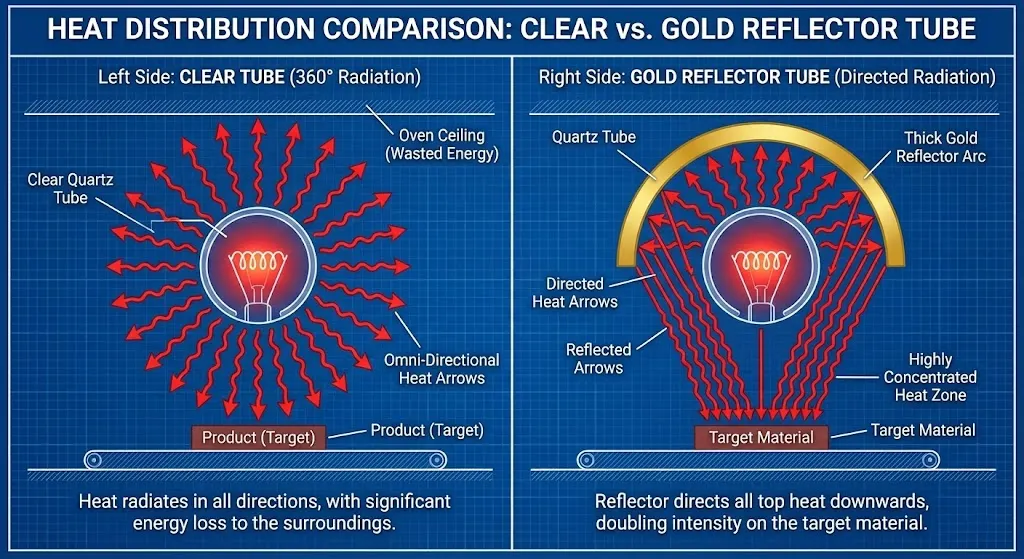 Heat distribution comparison between clear quartz tube and gold reflector infrared heater.
