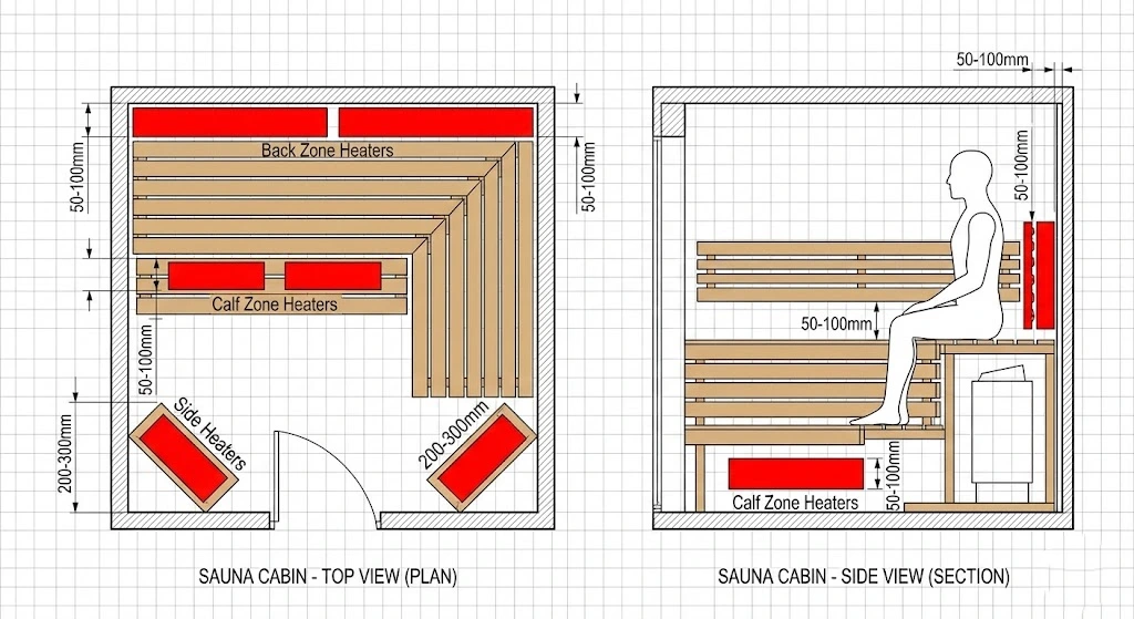 Infrared sauna heater layout guide for OEM cabin manufacturers showing back and calf zones.