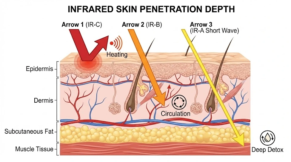 Infrared wavelength penetration depth comparison of IR-A, IR-B, and IR-C in human skin layers.