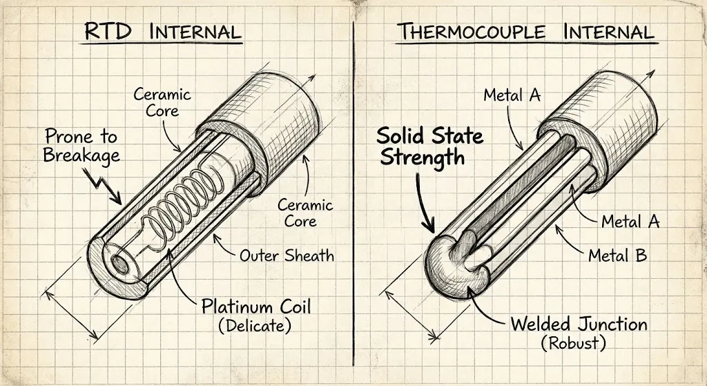 Internal construction diagram of wire-wound RTD vs grounded junction thermocouple.