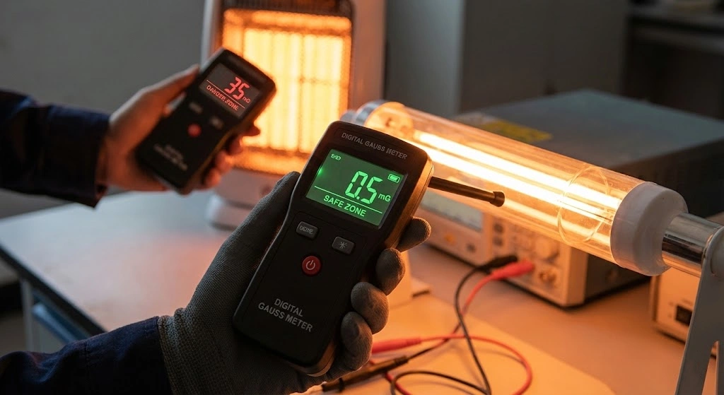 Low EMF testing comparison of Hongtai infrared sauna heater using a gauss meter showing safe limits.