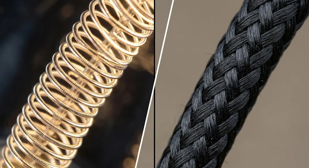 Macro comparison of tungsten coil vs braided carbon fiber heating filament.
