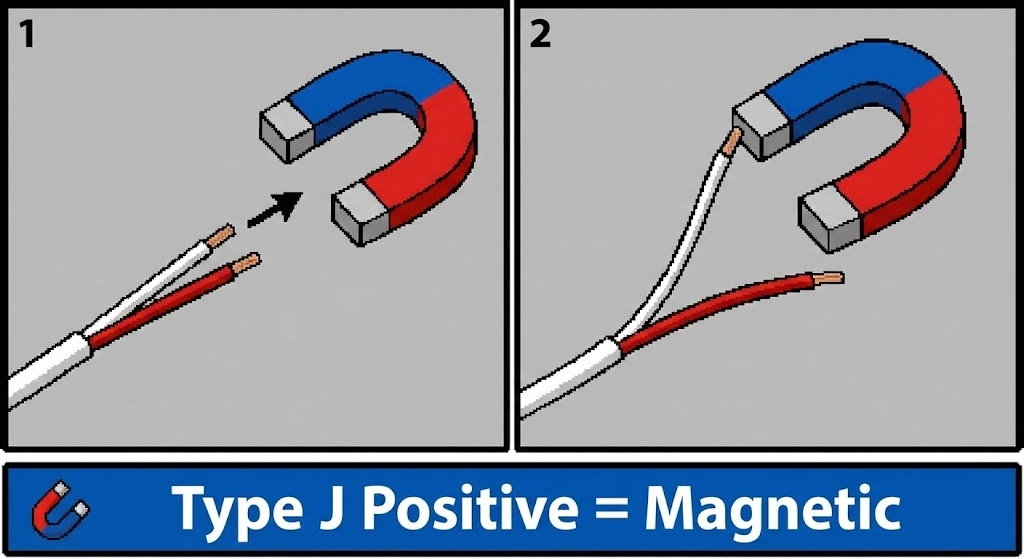 Magnetic test to identify Type J thermocouple polarity.