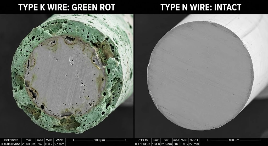 Microscopic analysis of Green Rot corrosion on Type K thermocouple vs intact Type N wire.