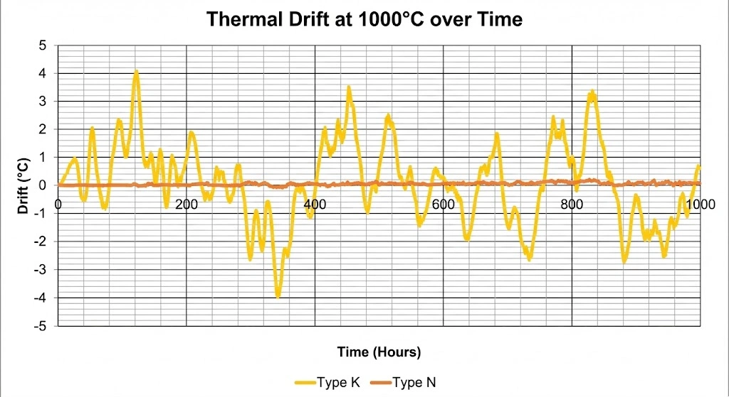 NBS Monograph 161 drift comparison chart Type K vs Type N at 1000 degrees Celsius.