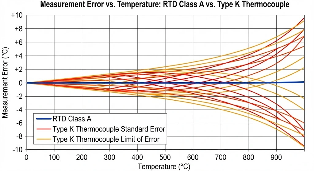 Pt100 Class A vs Type K thermocouple accuracy tolerance curve graph.