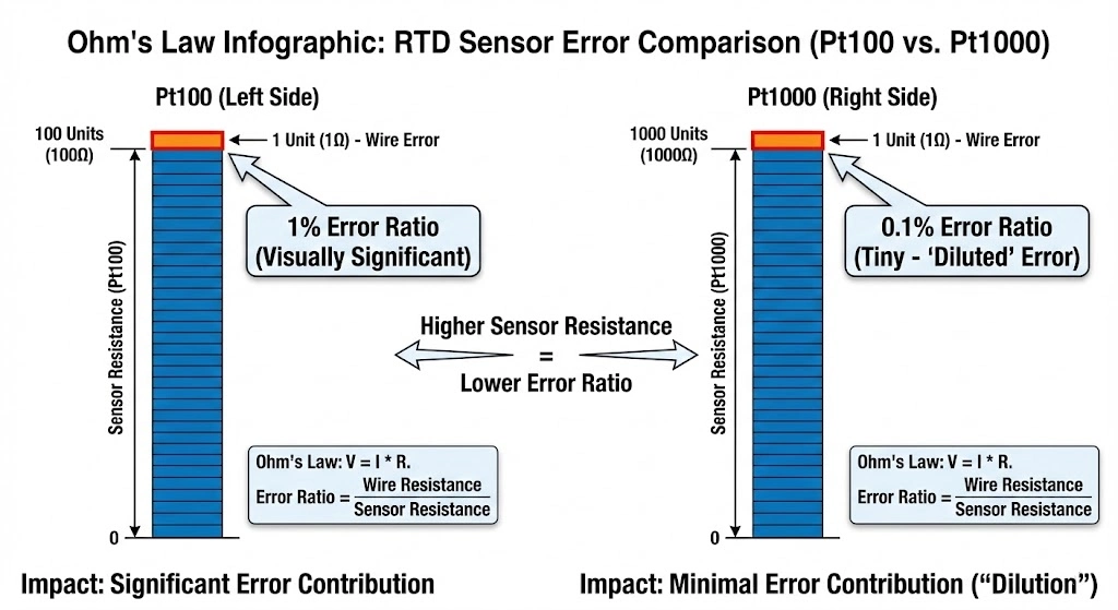 Pt100 vs Pt1000 lead wire resistance error comparison infographic.
