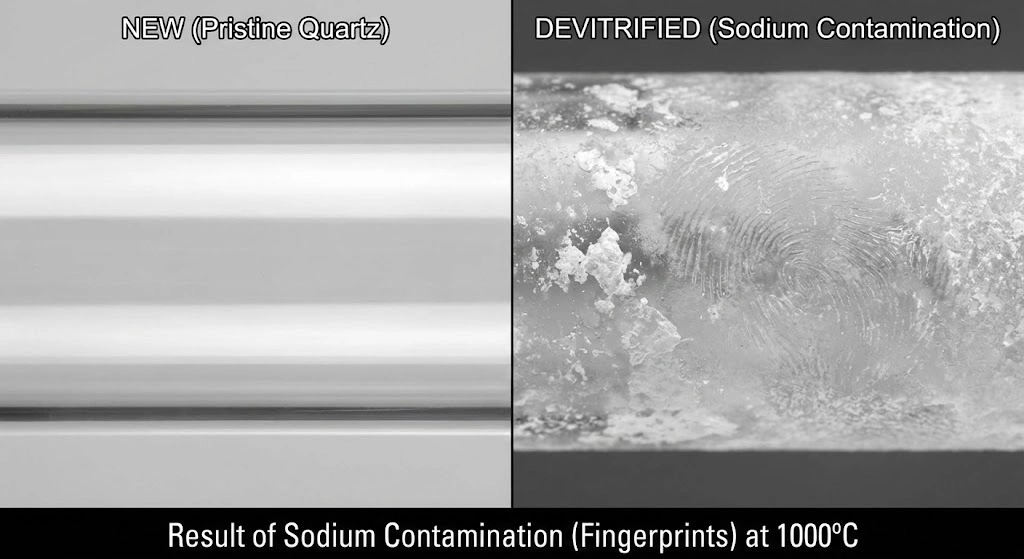 Quartz tube devitrification caused by surface contamination at high temperatures.