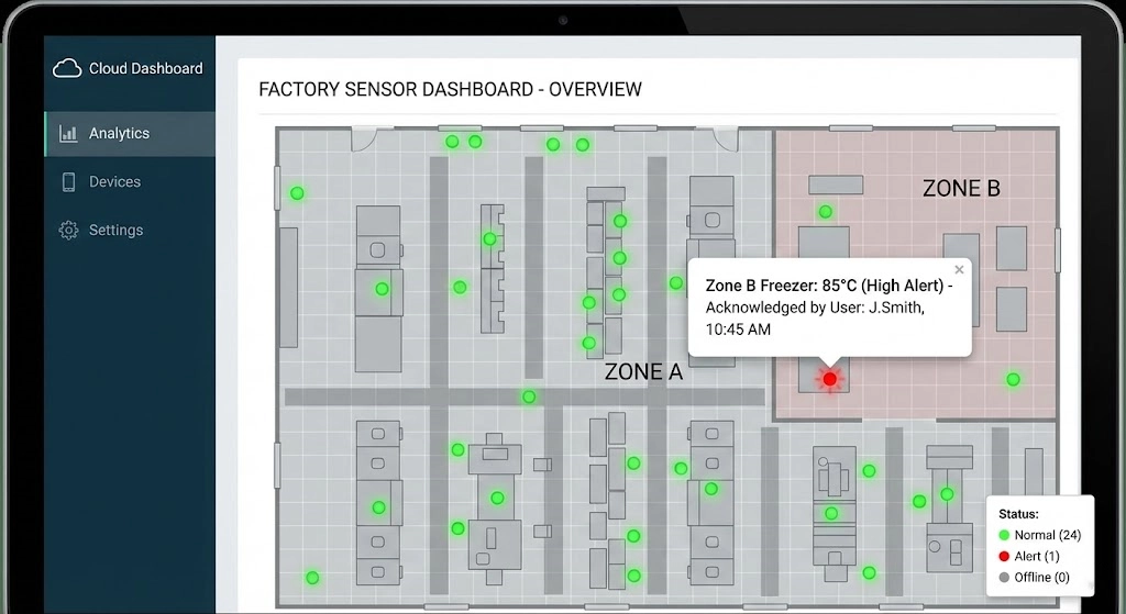 Remote temperature monitoring system cloud dashboard software interface.