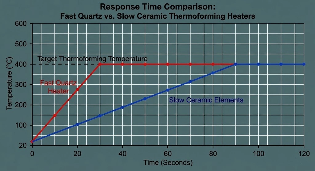 Response time comparison graph of fast quartz thermoforming heater vs slow ceramic elements.