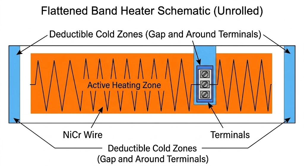Schematic diagram demonstrating how to calculate band heater area by deducting cold zones and gaps