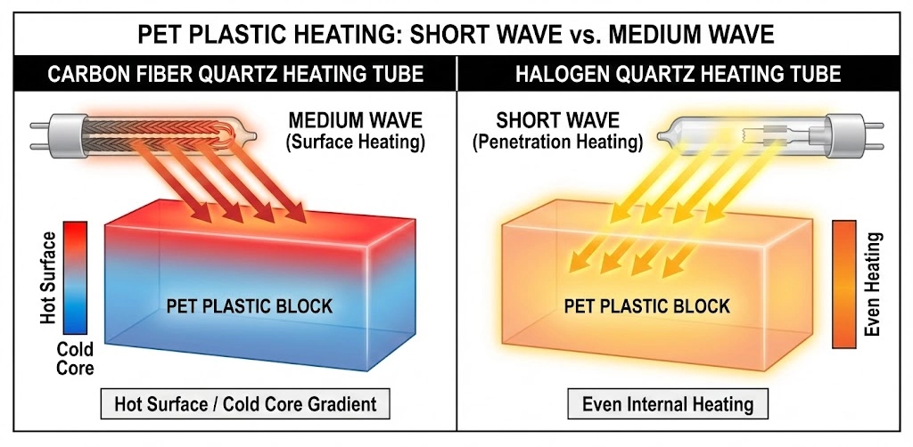 Short wave infrared penetration vs medium wave surface heating diagram for PET plastics.