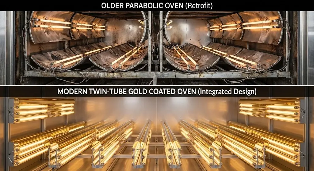 Space-saving gold coated infrared emitters replacing bulky external reflectors in industrial ovens.