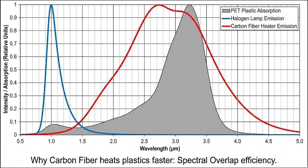 Spectral matching chart comparing tungsten halogen vs carbon fiber infrared absorption.
