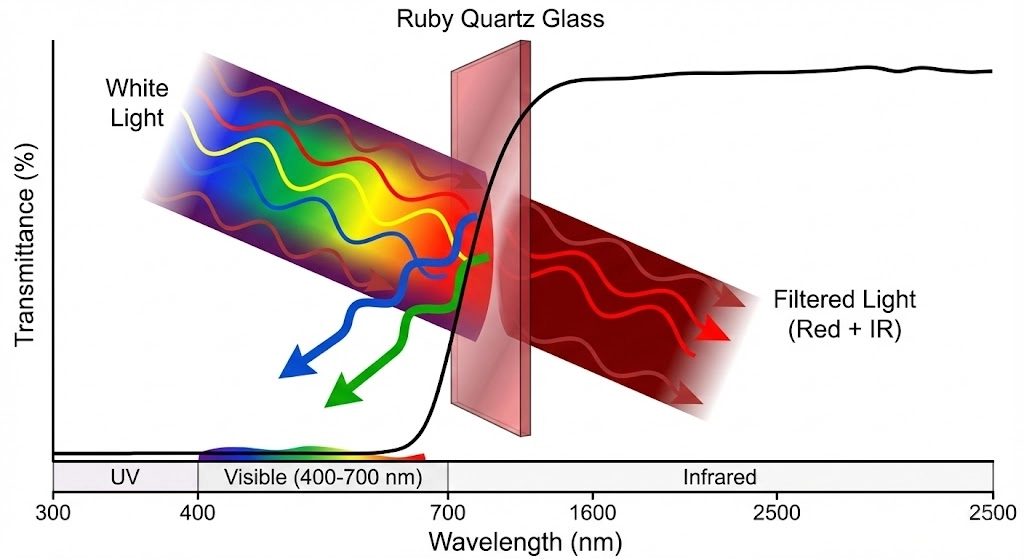 Spectral transmittance graph showing ruby quartz filtering visible light and passing infrared heat.