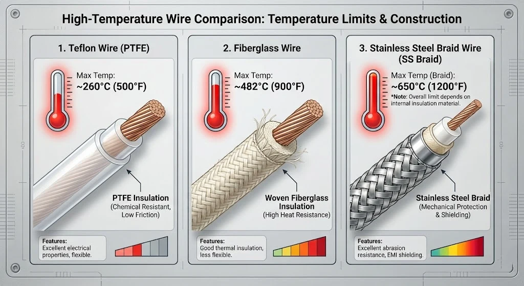 Stainless steel braided wire vs Teflon wire vs Fiberglass wire