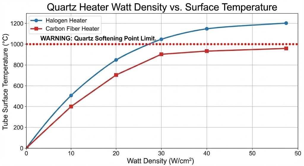 Surface temperature curve based on quartz heater watt density for infrared emitters.