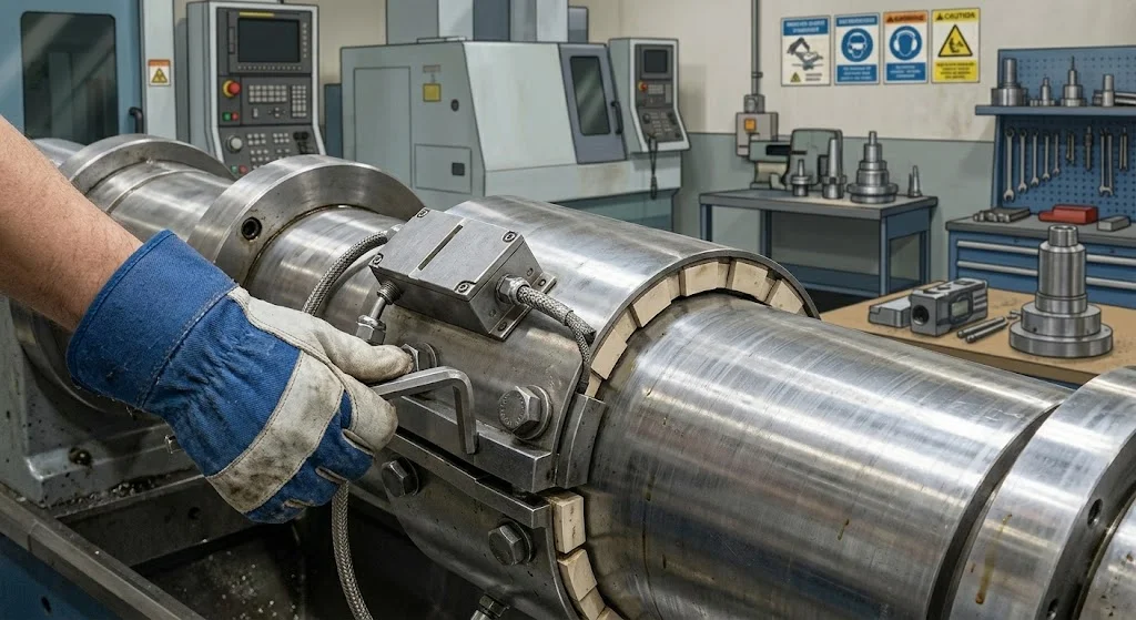 Technician safely install a band heater without damaging ceramic cores