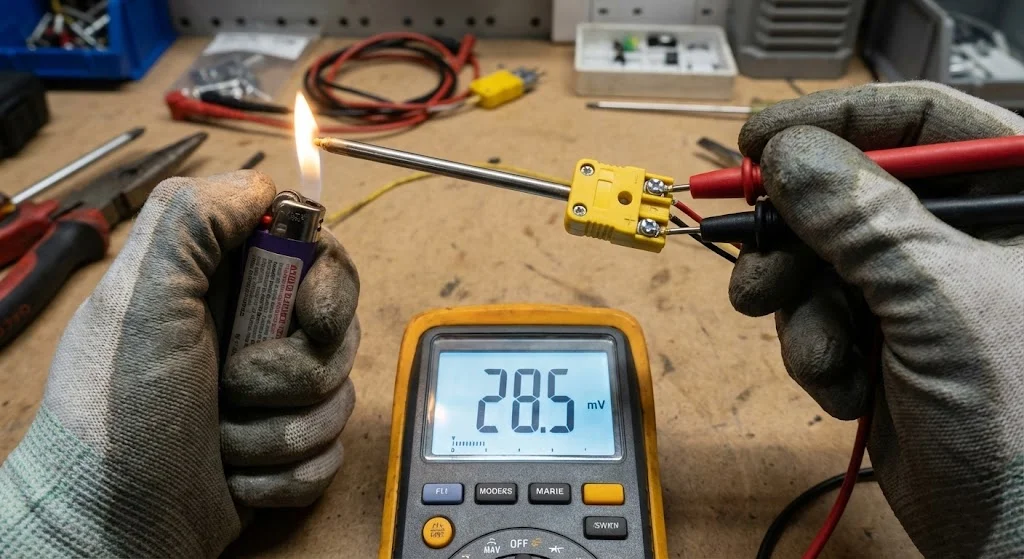 Testing gas fireplace thermocouple voltage with a multimeter.