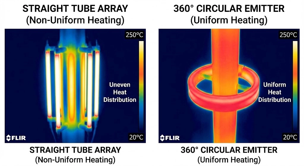 Thermal imaging comparison of straight infrared heaters versus circular quartz emitters on a pipe.