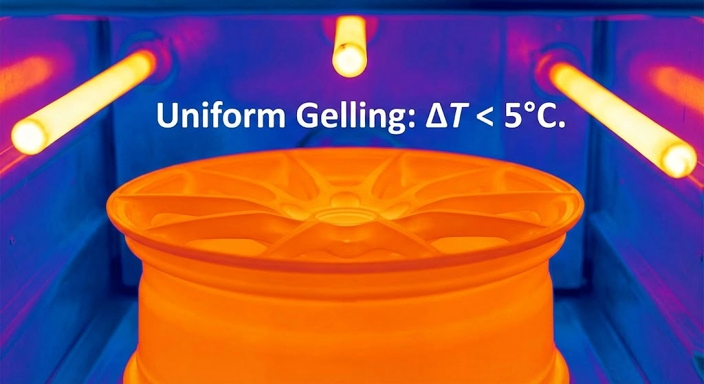 Thermal imaging of powder coating cross-linking process under carbon fiber infrared paint curing heater.
