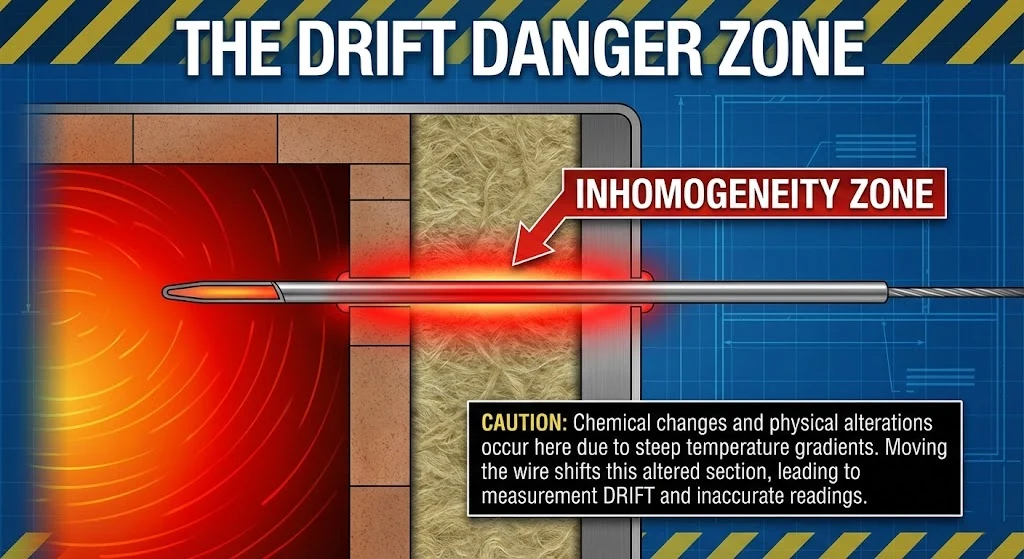 Thermocouple inhomogeneity and drift explanation diagram.