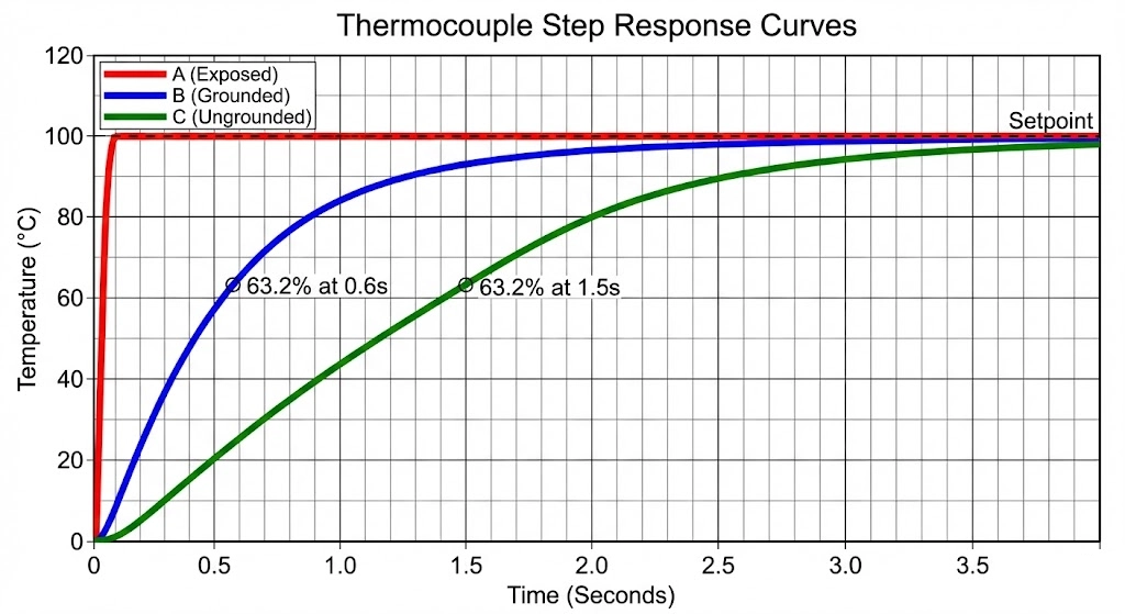Thermocouple response time graph comparing grounded vs ungrounded vs exposed junctions.