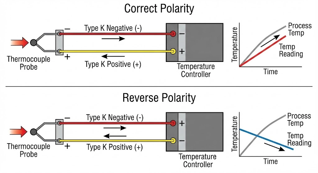 Thermocouple reverse polarity wiring diagram and temperature error graph.