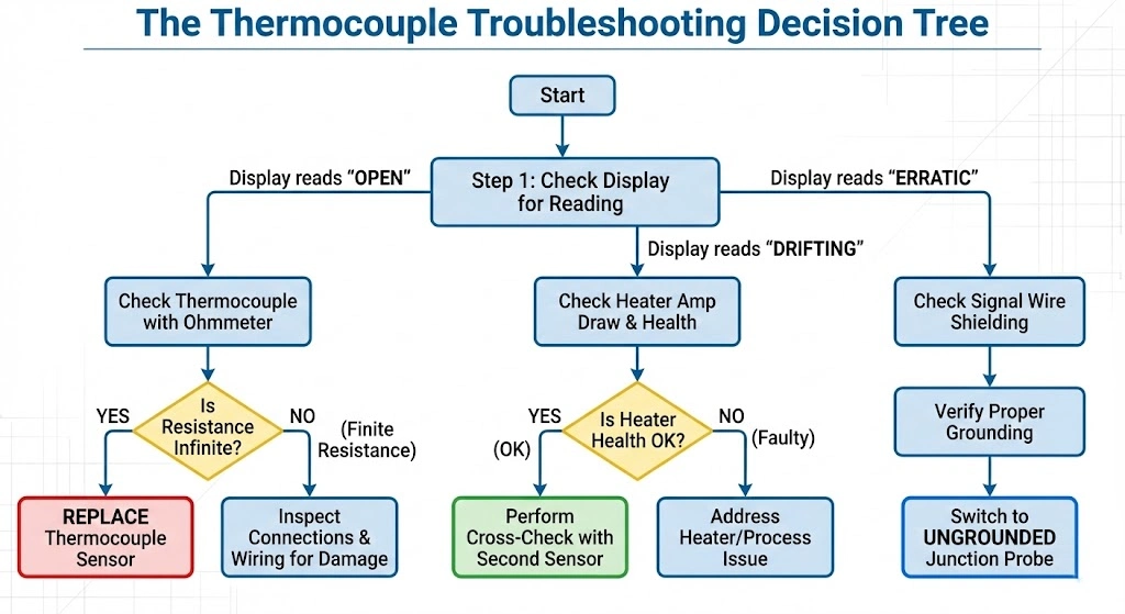 Thermocouple troubleshooting flowchart decision tree.