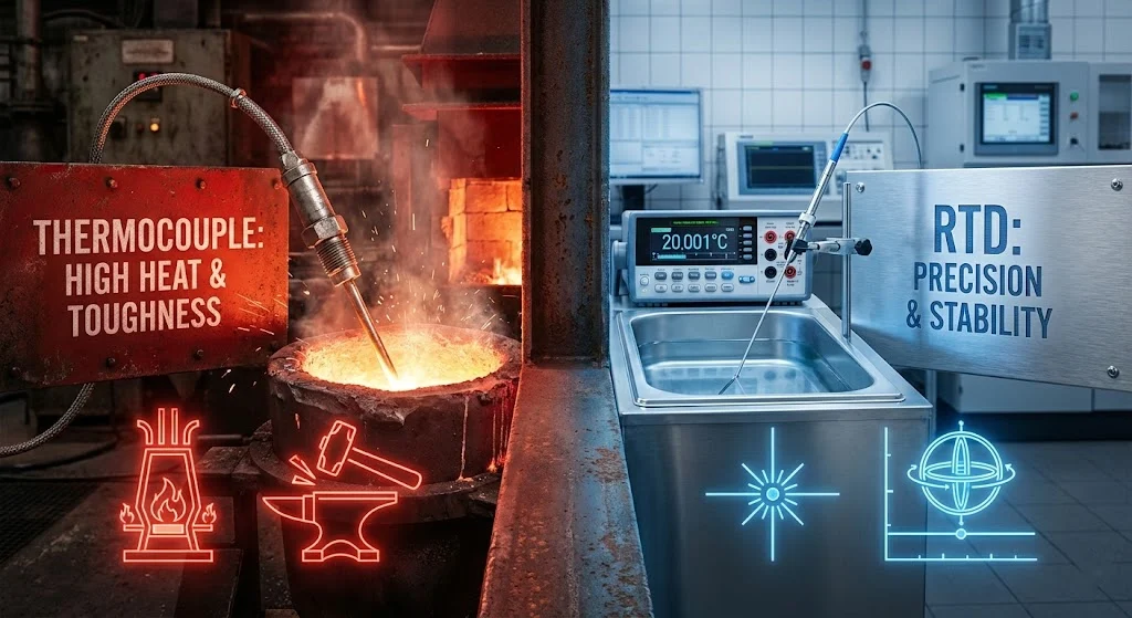 Thermocouple vs RTD comparison chart showing temperature range and accuracy differences.