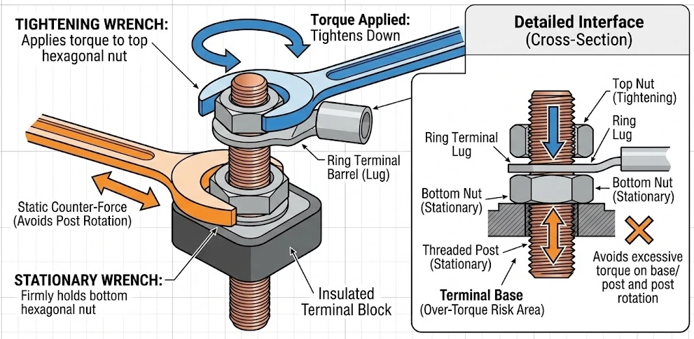 Two wrench method for tightening band heater post terminals to prevent wire breakage