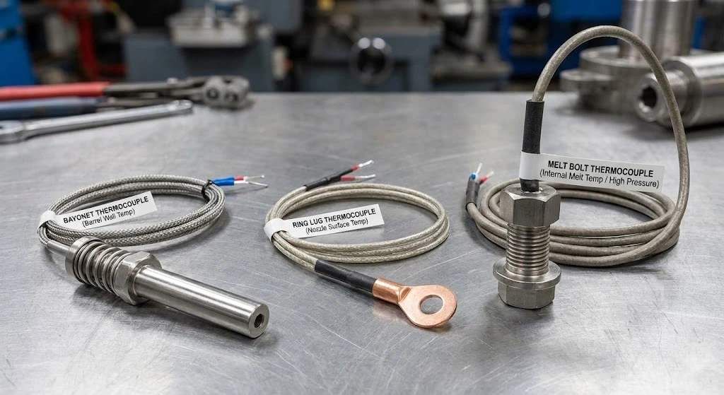 Types of plastic industry temperature sensors bayonet vs nozzle vs melt bolt.