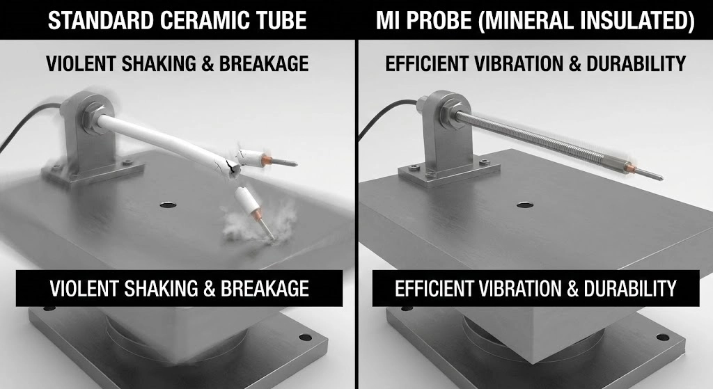 Vibration testing comparison between ceramic tube and mineral insulated thermocouple.