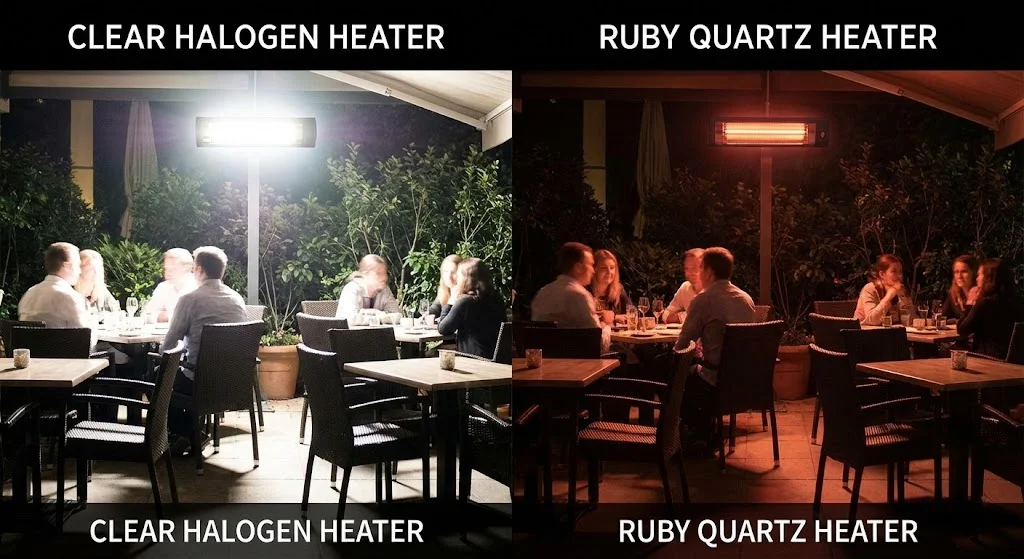 Visual comfort comparison of clear halogen vs ruby red infrared patio heater in a restaurant.