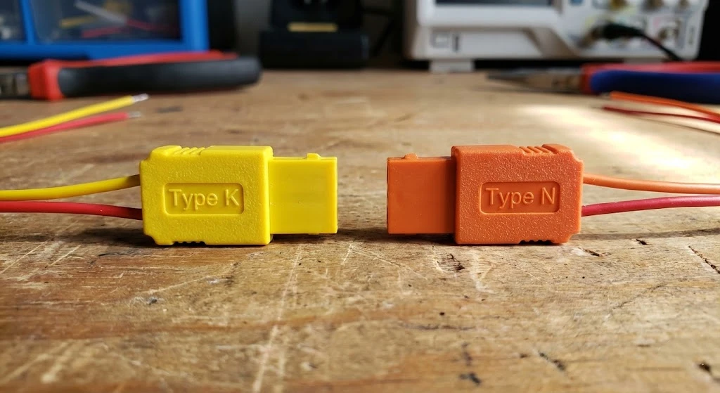 Visual difference between Type K yellow and Type N orange thermocouple connectors.
