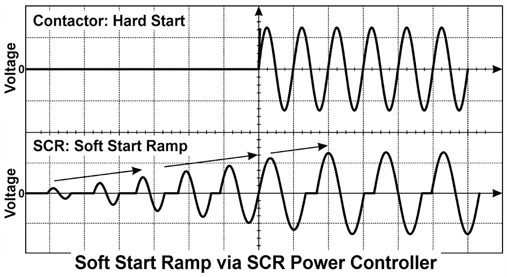 Voltage waveform comparison showing SCR power controller soft start function.