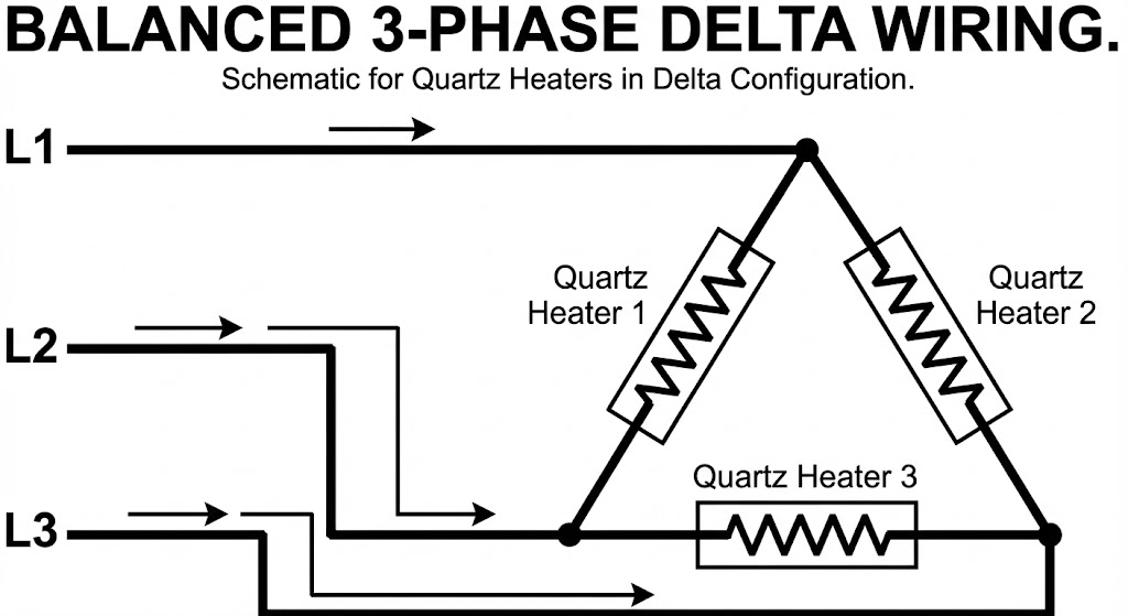 Wiring diagram for connecting quartz heaters to a 3-phase SCR power controller.