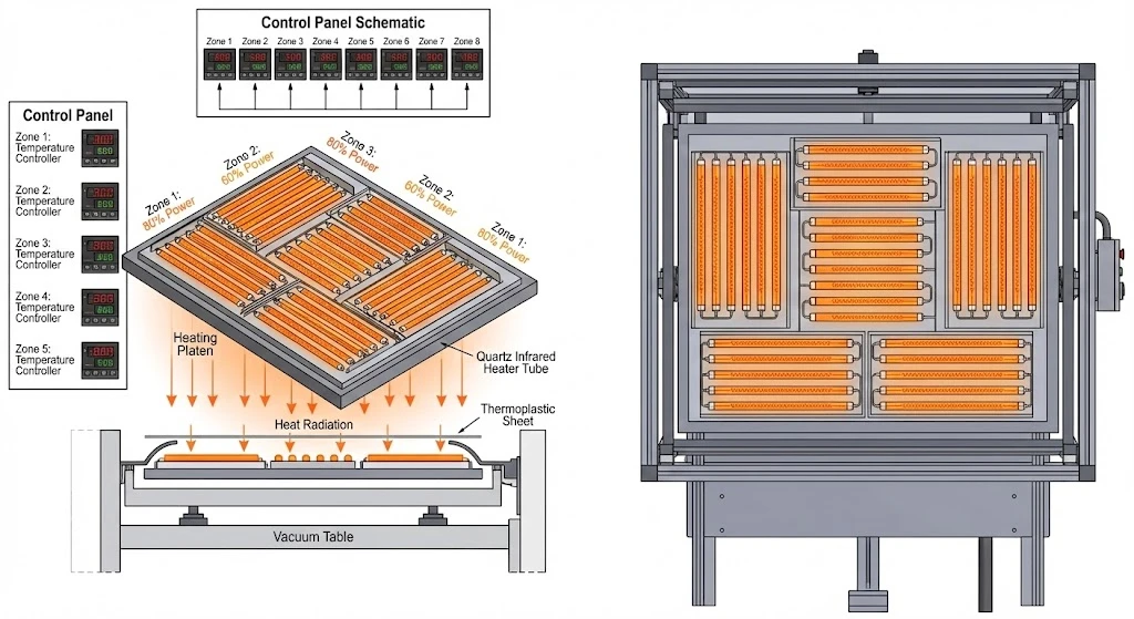 Zoned quartz thermoforming heater layout for vacuum forming machines to ensure even heating.