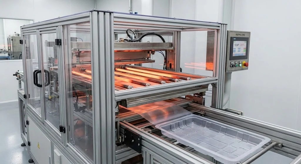 a compact, high-speed thermoforming machine for heavy-gauge plastic trays.