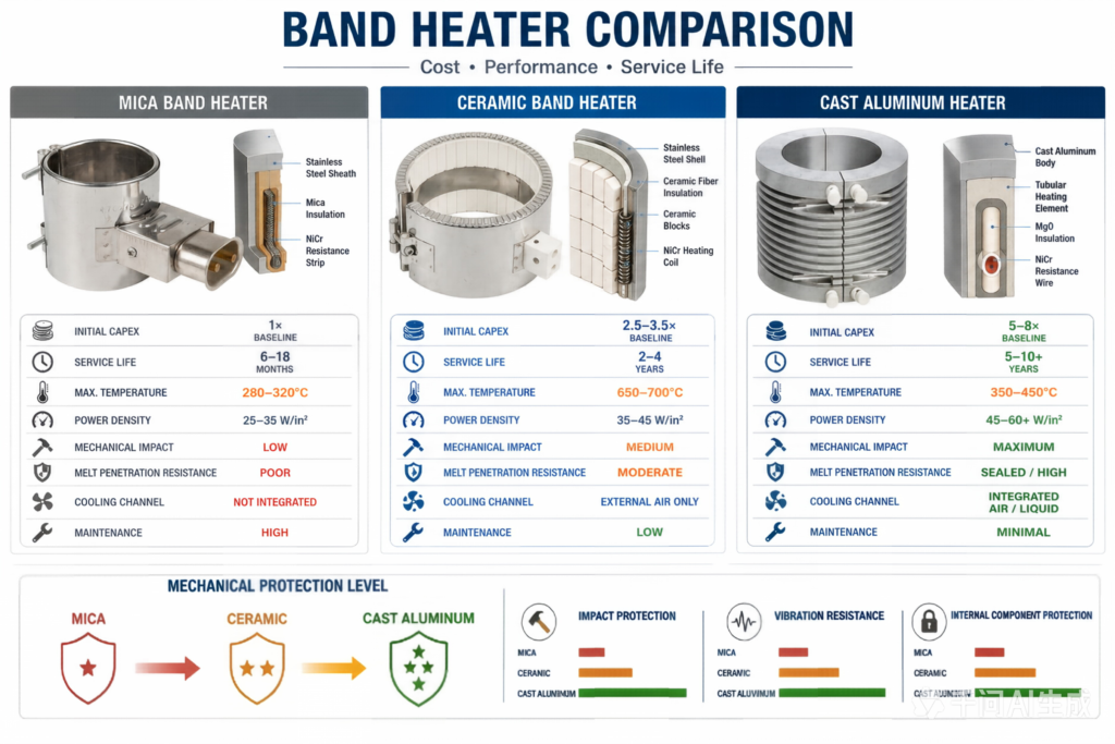 cast aluminum heater vs ceramic band heater and mica band.